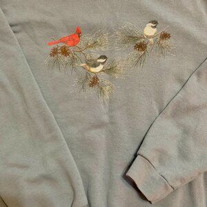 Vintage Grandma Winter Glitter Birds Blue Sweatshirt S Grandmacore Christmas